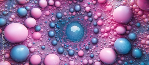 Abstract background with pink and blue orbs arranged in a spiral pattern.