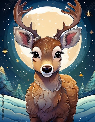 Charming, cute reindeer baby in a winter meadow, against the backdrop of a starry winter night, round background with poenies, sticker