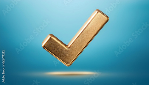 A shiny gold tick mark, often symbolizing confirmation or correct choice floating or flying isolated on light blue background photo