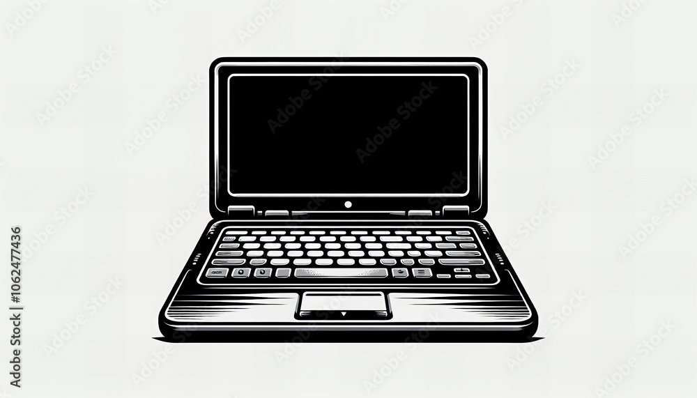 Stylized black and white illustration of an open laptop with detailed keyboard and blank screen, ideal for stock use.
Stylized black and white illustration of an open laptop with detailed keyboard and blank screen, ideal for stock use.
