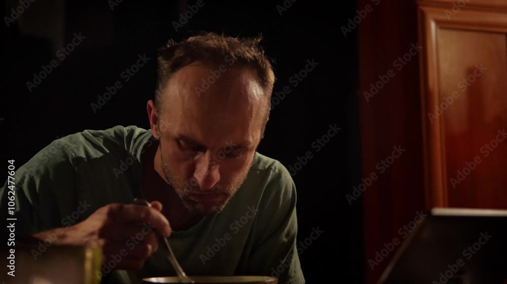 Close-up shot of a man eating his lunch in a dimly lit room. The focus is on the food and the act of eating, with the man's face partially obscured by shadows Close-up shot of a man eating his lunch in a dimly lit room. The focus is on the food and the act of eating, with the man's face partially obscured by shadows