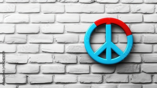 peace symbol on white brick wall, copu space, photo