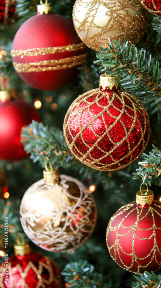 vertical image, close-up of red and gold Christmas ornaments hanging on a tree, suitable for mobile phone vertical image, close-up of red and gold Christmas ornaments hanging on a tree, suitable for mobile phone