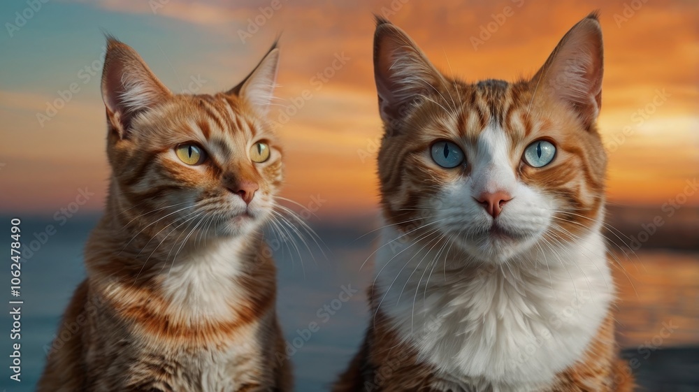 Two cats against sunset sky with orange and blue-green fur tones Two cats against sunset sky with orange and blue-green fur tones
