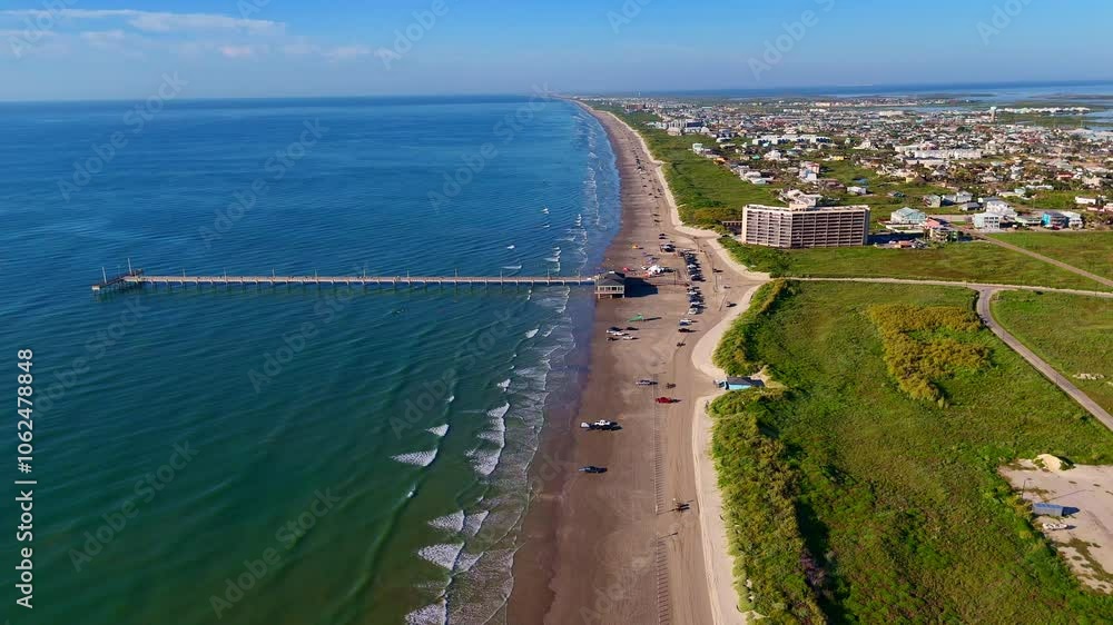 Port Aransas, Texas - 9-28-2024. Aerial view of the Port Aransas beach where visitors can swim, fish, run, walk, and just relax, only blocks from town. Port Aransas, Texas - 9-28-2024. Aerial view of the Port Aransas beach where visitors can swim, fish, run, walk, and just relax, only blocks from town.