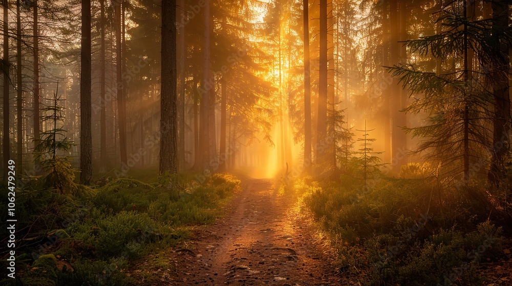 Fototapeta premium A calm forest trail with golden sunlight filtering through the foliage