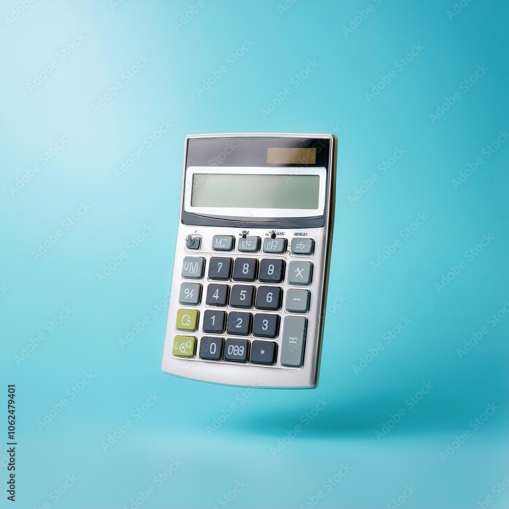 Calculator floating or flying isolated on light blue background Calculator floating or flying isolated on light blue background
