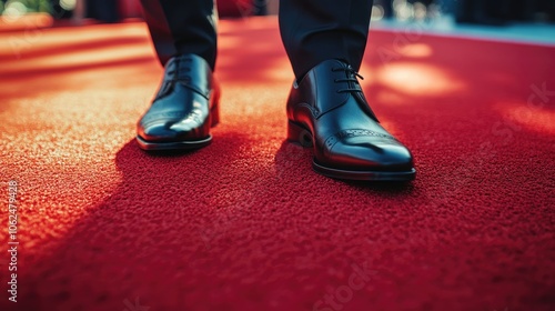 Close-up photo of a businessman shining shoes on a red carpet, aiming for success.