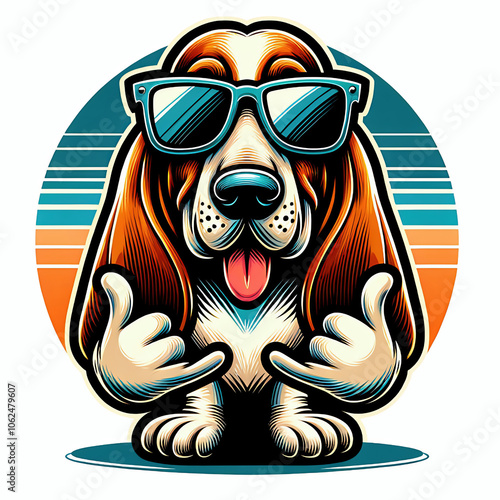 Cool basset hound dog wearing sunglasses and doing shaka signs cartoon vector illustration photo