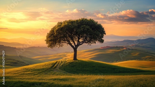 Photo of a lone tree amidst the colors of the sunset. The shadow of the tree looks peaceful.