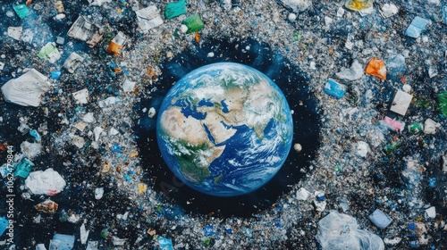 Photos of the world surrounded by rotating debris, which represent the courage for environmental support to respond to the global climate challenge. photo