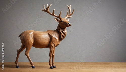 Artistic wooden sculpture of a deer adorned with intricate leaf patterns, showcasing craftsmanship in a minimalistic studio setting photo