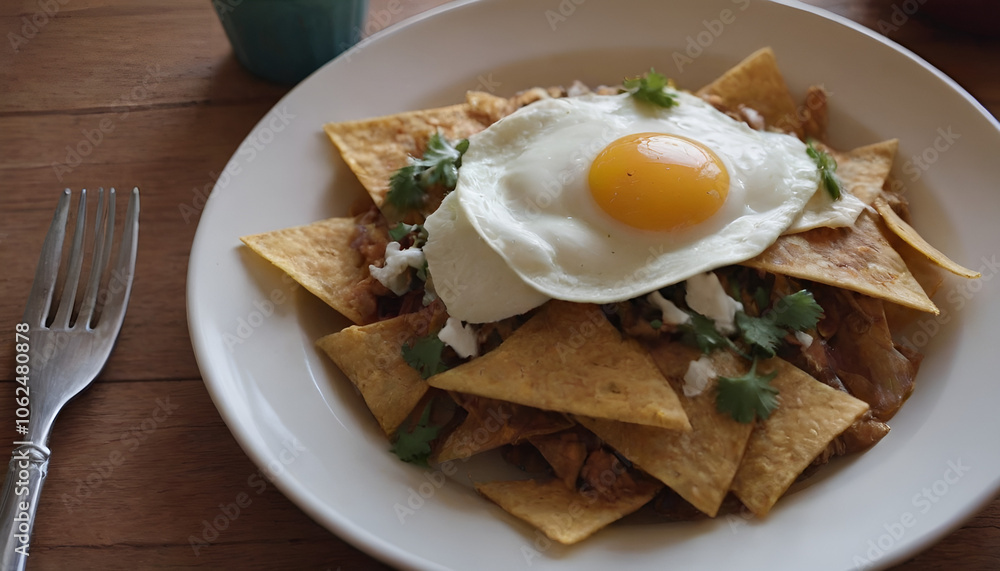 plate of chilaquiles with tortilla chips and an egg plate of chilaquiles with tortilla chips and an egg