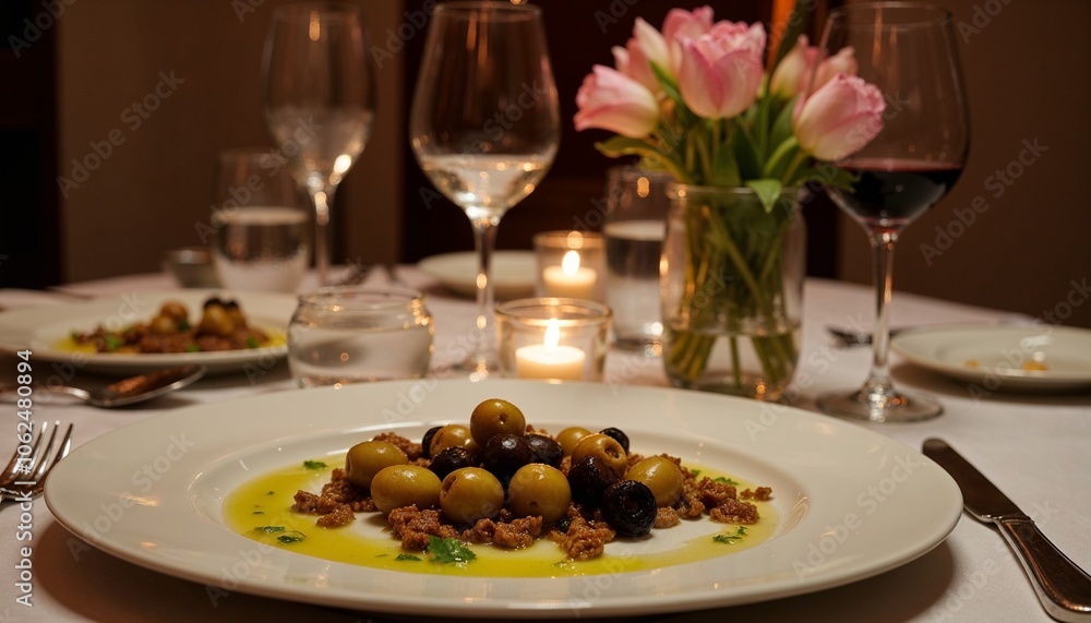 Elegant dinner setting with a gourmet olive dish garnished with herbs and crumbs, surrounded by wine glasses, candles, and tulips. Fine dining ambiance Elegant dinner setting with a gourmet olive dish garnished with herbs and crumbs, surrounded by wine glasses, candles, and tulips. Fine dining ambiance