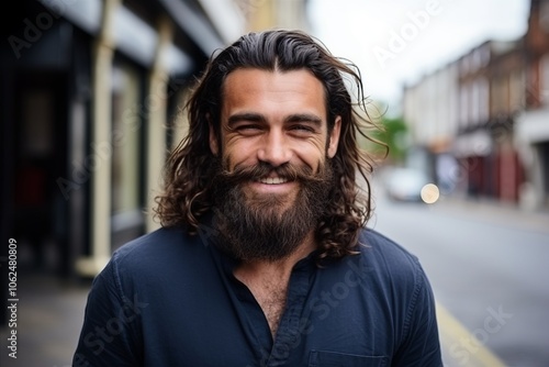 Portrait of a handsome man with long hair and beard smiling in the city