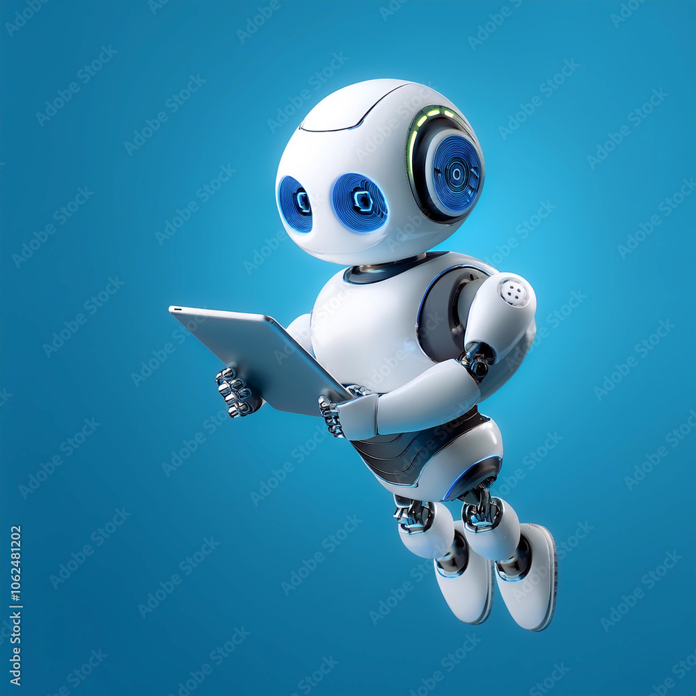 © SaddhaVisual - AI Robot using tablet floating or flying isolated on light blue background © SaddhaVisual - AI Robot using tablet floating or flying isolated on light blue background