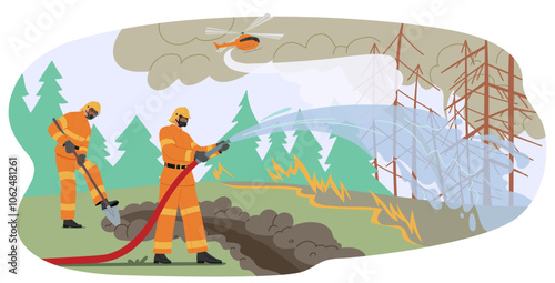 Firefighters Battle A Forest Fire, Using Hoses And Shovels To Control Flames While A Helicopter Assists From Above