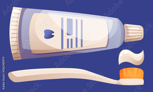 Vector illustration of toothpaste and toothbrush for cleaning teeth on dark blue background. Dental care, oral hygiene. Dental care equipment clip art.