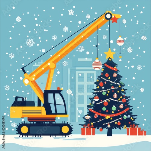 Yellow construction vehicle with crane decorating a Christmas tree in snowy cityscape.