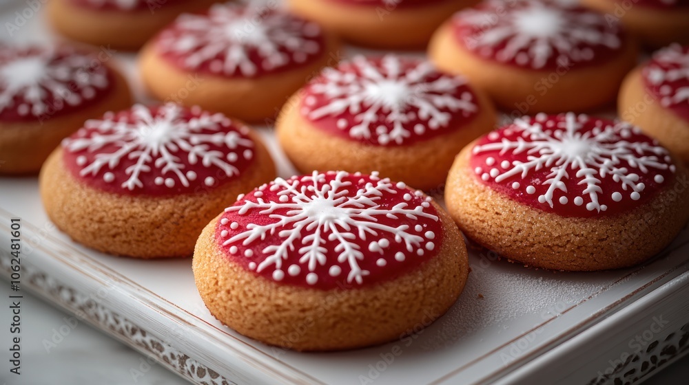 Close-up of festive red and white snowflake cookies arranged on a white tray. Close-up of festive red and white snowflake cookies arranged on a white tray.