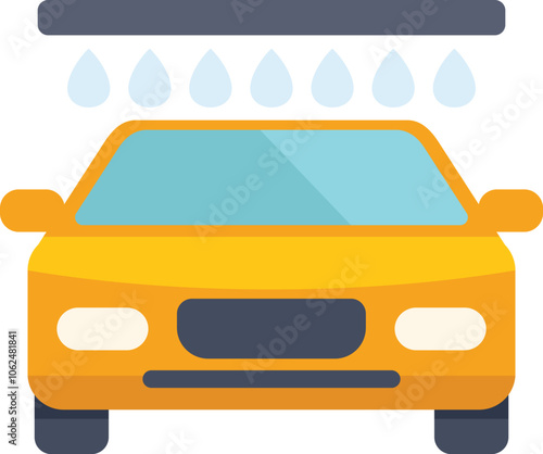 Yellow car getting washed at the car wash with water drops falling from above
