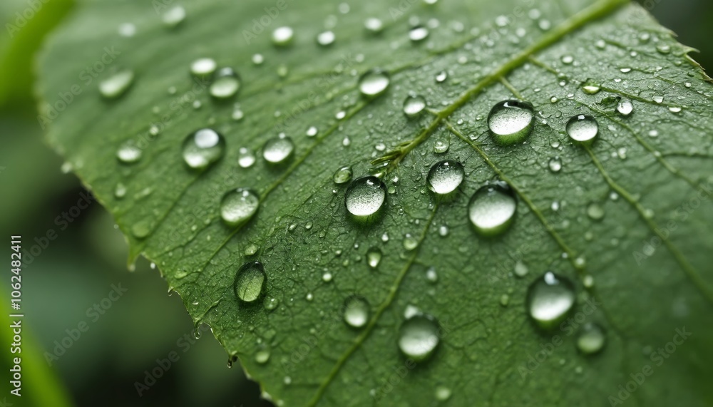 Shimmering droplets adorn a lush green leaf after a refreshing rain shower in a tranquil garden setting at dawn Shimmering droplets adorn a lush green leaf after a refreshing rain shower in a tranquil garden setting at dawn