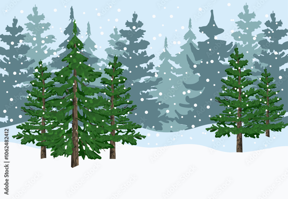 Obraz premium Snow forest with evergreen tress. Winter forest