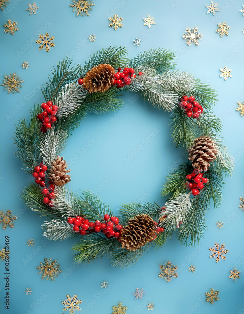 Festive Christmas wreath. Round frame made of conifer branches decorated with cones, artificial red berries and decorative gold snowflakes Festive Christmas wreath. Round frame made of conifer branches decorated with cones, artificial red berries and decorative gold snowflakes