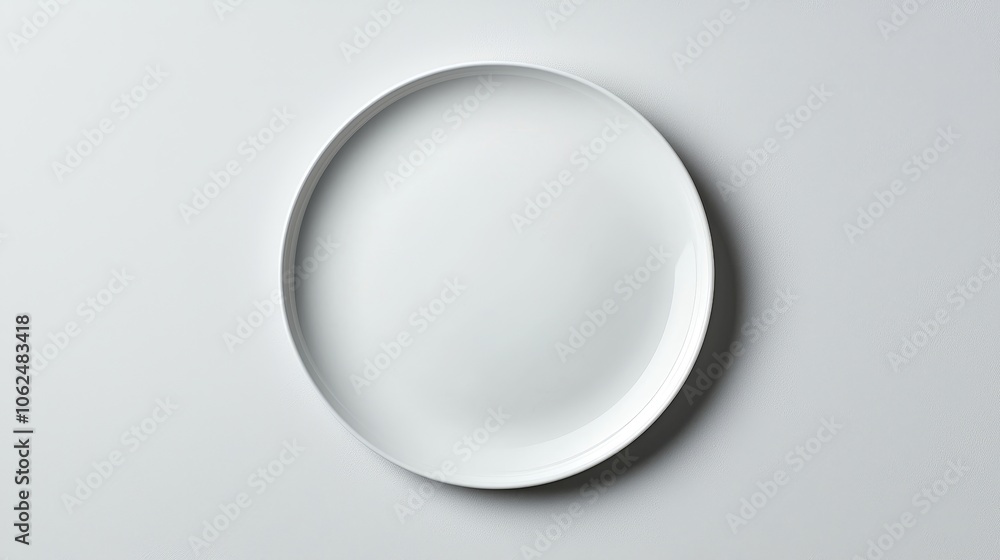Glossy white dinner plate, top view, on a soft white background, subtle shadow play and lighting to highlight texture, clean composition Glossy white dinner plate, top view, on a soft white background, subtle shadow play and lighting to highlight texture, clean composition