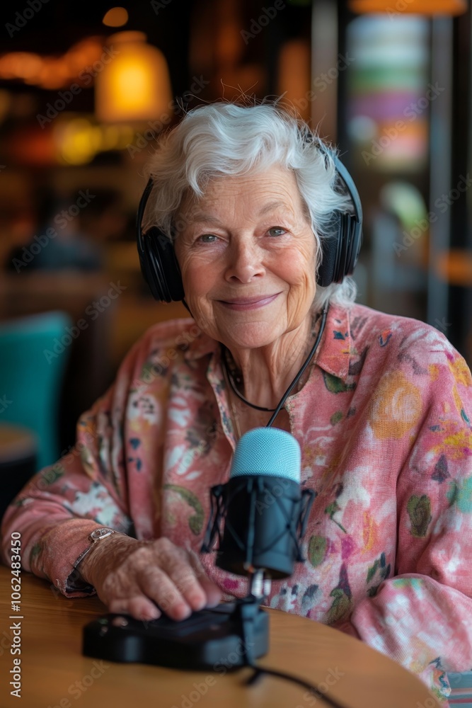 Endearing grandma podcaster at a table with a microphone surrounded by warm pink and light blue hues Endearing grandma podcaster at a table with a microphone surrounded by warm pink and light blue hues