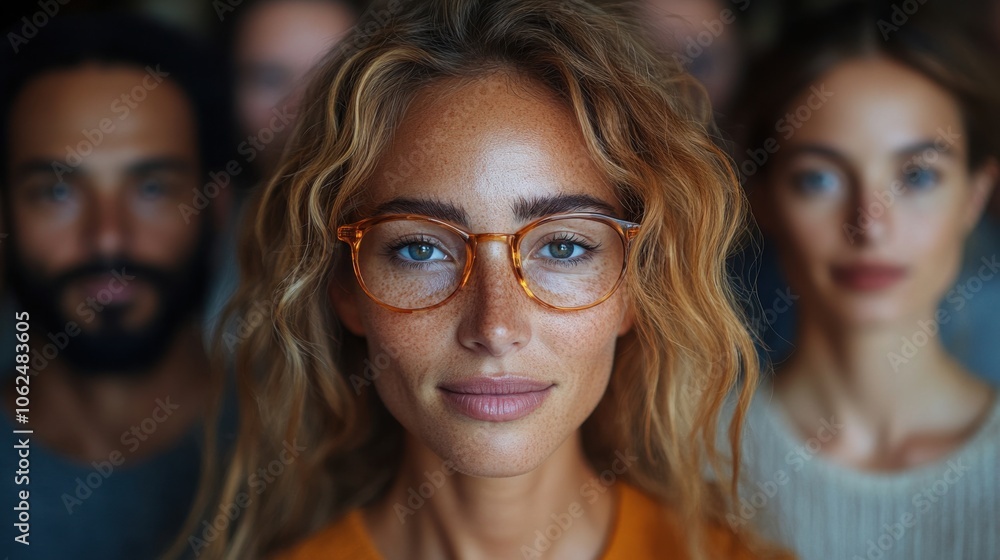 A group of diverse people stand together, with a woman wearing glasses in focus. A group of diverse people stand together, with a woman wearing glasses in focus.