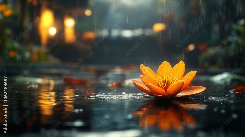 Fototapeta premium Orange water lily in serene pond.