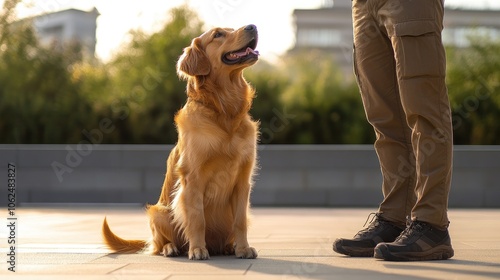 Golden retriever sitting and obeying during training session with a dog trainer