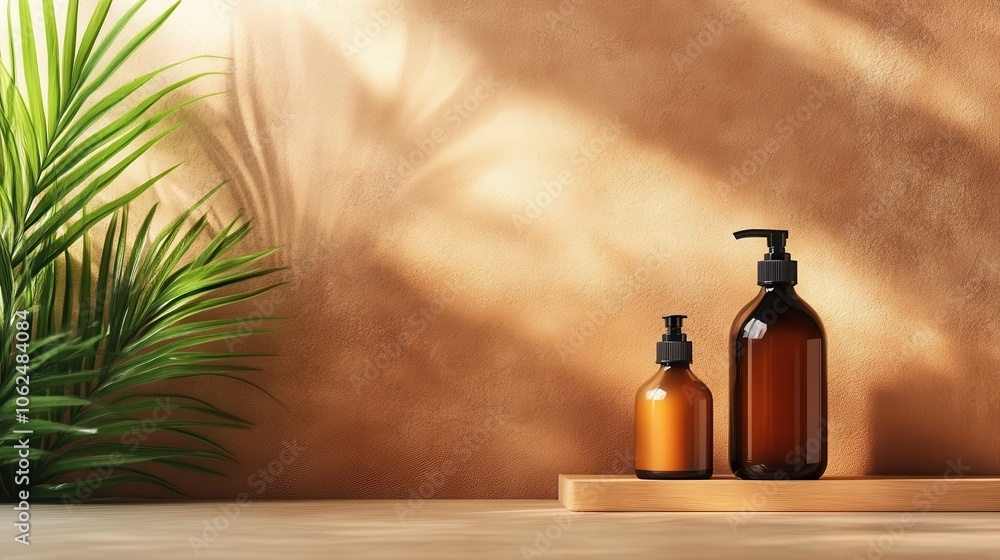 Amber glass bottles atop a sunlit surface with lush green leaves, evoking freshness and the harmonious coexistence of nature and man-made beauty. Amber glass bottles atop a sunlit surface with lush green leaves, evoking freshness and the harmonious coexistence of nature and man-made beauty.