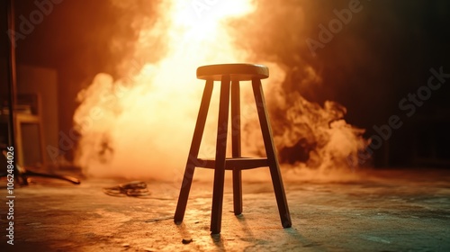 A wooden stool illuminated by a spotlight amidst a smoky atmosphere on stage, capturing a dramatic and theatrical ambiance, suggestive of a performance setting. photo