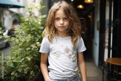 Portrait of a cute little girl in a white T-shirt and jeans on the street