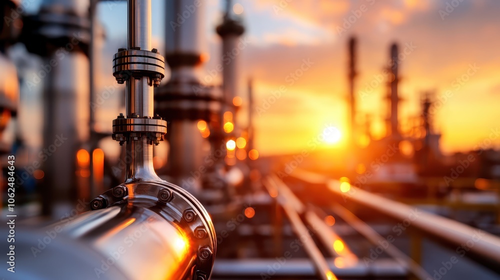 Metal industrial pipes dominate the forefront as a glowing sunset bathes the horizon behind in rich oranges, symbolizing progress and the beauty of engineering. Metal industrial pipes dominate the forefront as a glowing sunset bathes the horizon behind in rich oranges, symbolizing progress and the beauty of engineering.