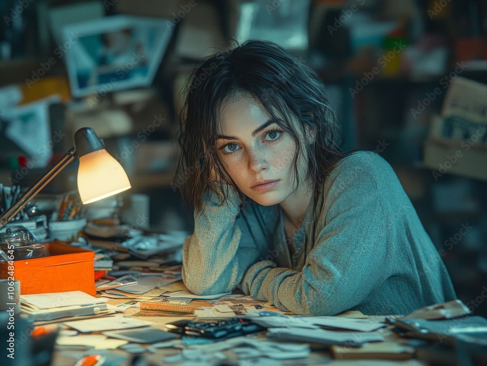 Fototapeta premium Woman reflecting at a cluttered desk.
