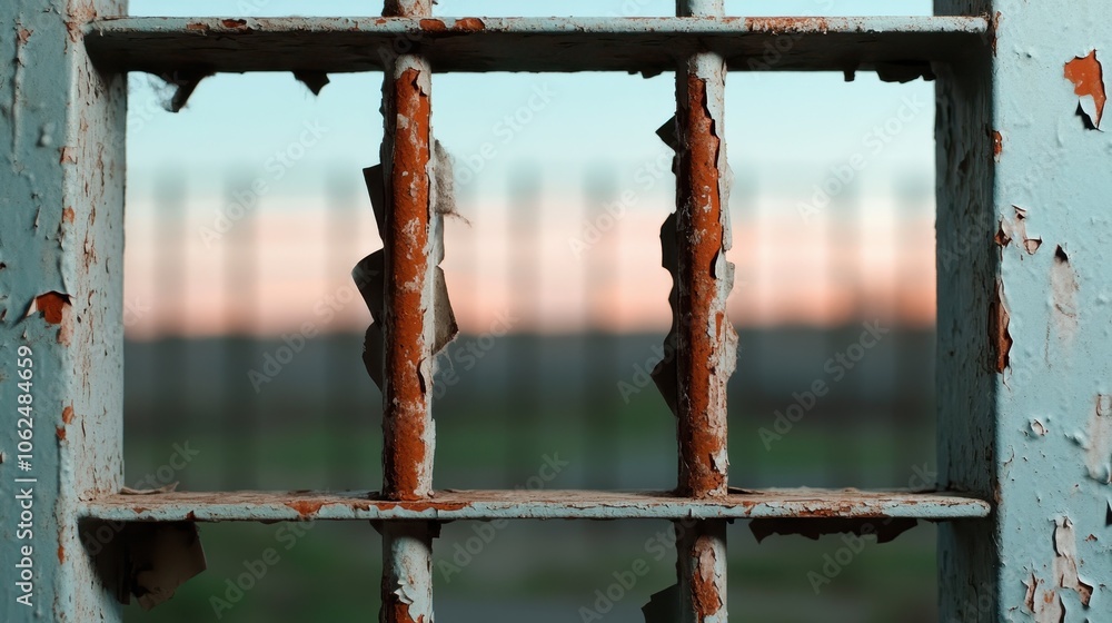Close-up details of a rusty, peeling grid seen through a window, emphasizing deterioration, neglect, and the passage of time in outdoor structures. Close-up details of a rusty, peeling grid seen through a window, emphasizing deterioration, neglect, and the passage of time in outdoor structures.
