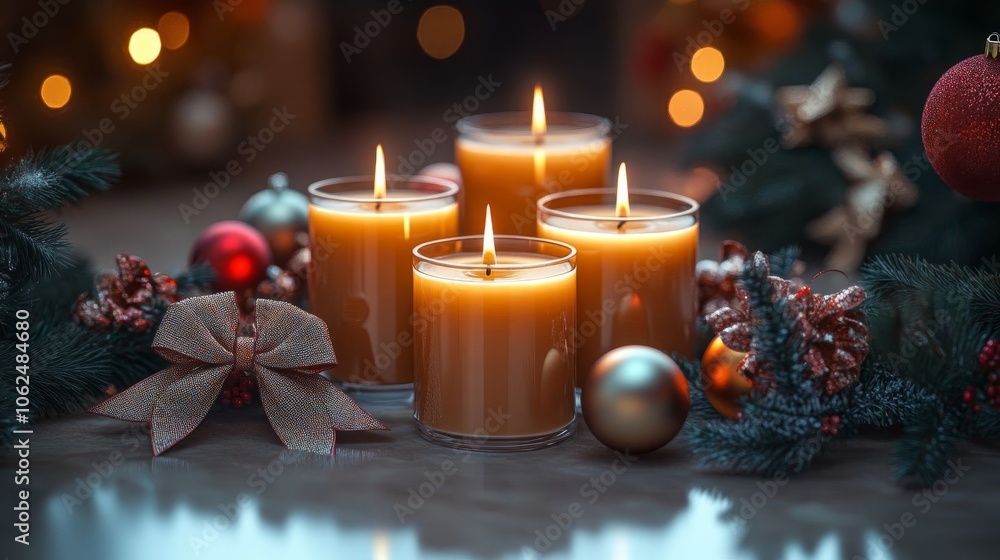 Elegant Christmas candles with bows. Elegant Christmas candles with bows.