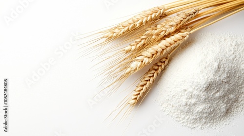 Minimalist image of scattered wheat ears and fresh flour, isolated on white, emphasizing texture and grain purity for a commercial look photo