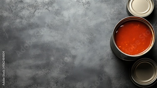 A can of tomato soup with its lid open, set against a dark, textured background, suggesting a ready-to-serve, gourmet meal experience in a modern kitchen. photo