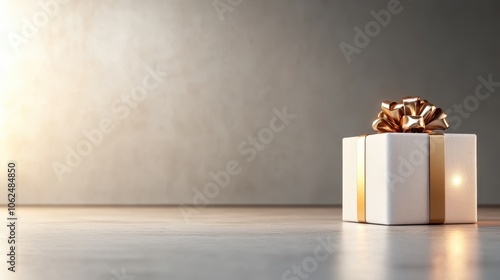 A minimalist gift box with a gold bow displayed elegantly against a neutral background, conveying simplicity, elegance, and the joy of thoughtful giving. photo