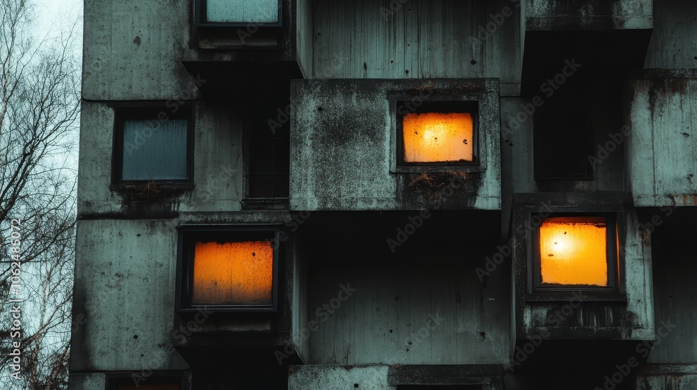 A hauntingly beautiful concrete building facade with glowing windows at dusk, embodying mystery, solitude, and the urban allure of city life. A hauntingly beautiful concrete building facade with glowing windows at dusk, embodying mystery, solitude, and the urban allure of city life.