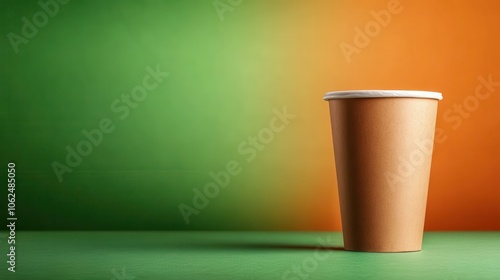 A minimalistic brown cup sits prominently against a dual-colored green and orange backdrop, showcasing a simple yet stimulating composition of colors. photo