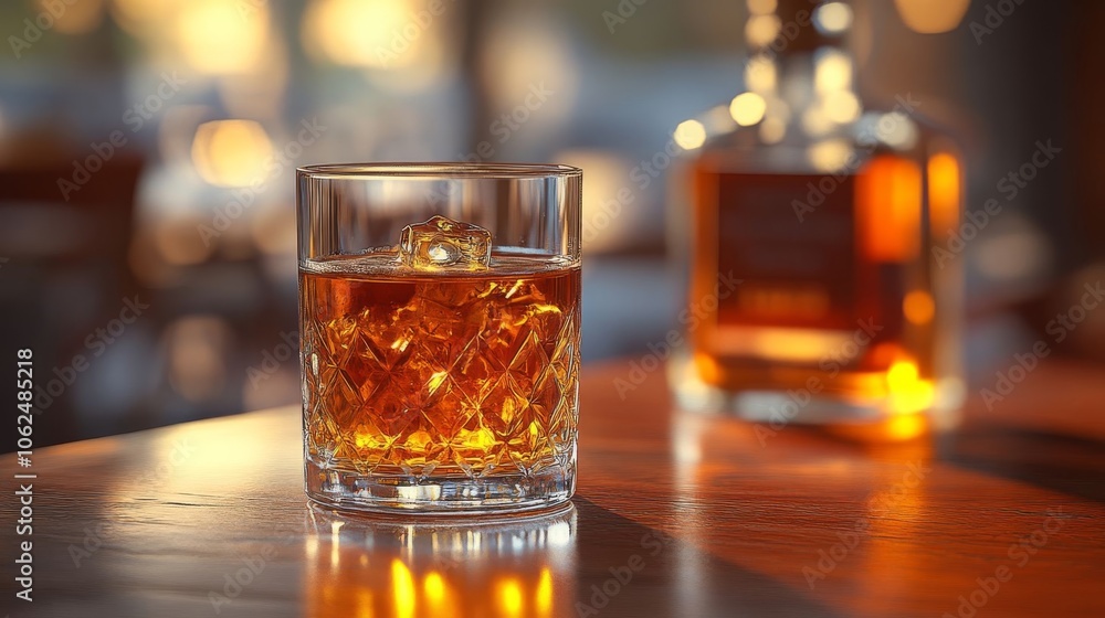 A whiskey tumbler on oak table. A whiskey tumbler on oak table.