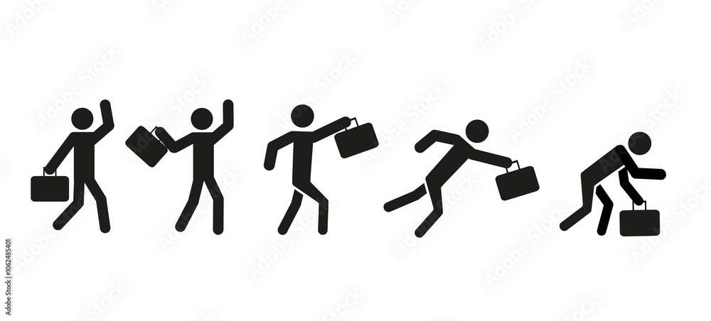 Naklejka premium pictogram of a human figure, stick man with a briefcase in different poses, flat illustration
