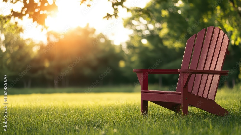 In a peaceful garden scene, a solitary red chair contrasts against the lush green grass, with the golden hour glow creating a warm, inviting atmosphere. In a peaceful garden scene, a solitary red chair contrasts against the lush green grass, with the golden hour glow creating a warm, inviting atmosphere.