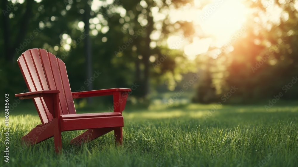 A solitary red Adirondack chair sits on lush green grass, basking in the warm, golden sunlight, creating a serene and peaceful atmosphere in a natural setting. A solitary red Adirondack chair sits on lush green grass, basking in the warm, golden sunlight, creating a serene and peaceful atmosphere in a natural setting.