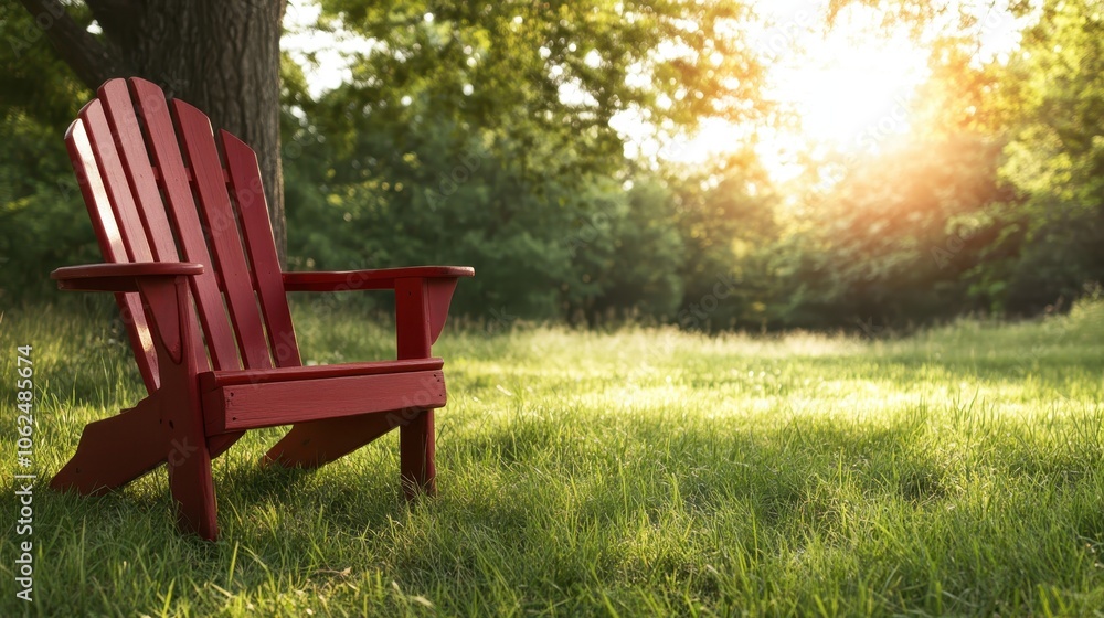 A solitary red wooden chair is placed under a tree in a sunlit garden, its vibrant color stands out against the lush green grass, inviting and serene ambiance. A solitary red wooden chair is placed under a tree in a sunlit garden, its vibrant color stands out against the lush green grass, inviting and serene ambiance.